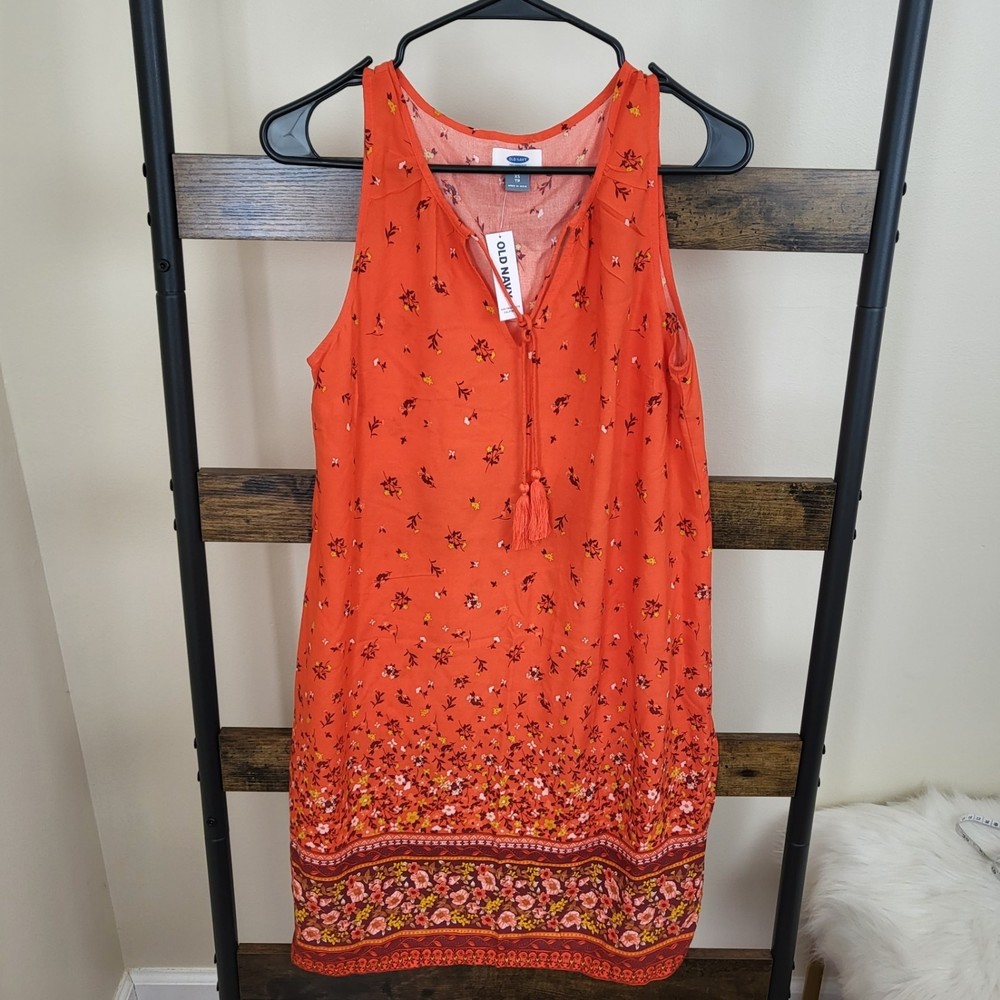 NWT Old Navy orange floral shift dress tassel tie detail size XS